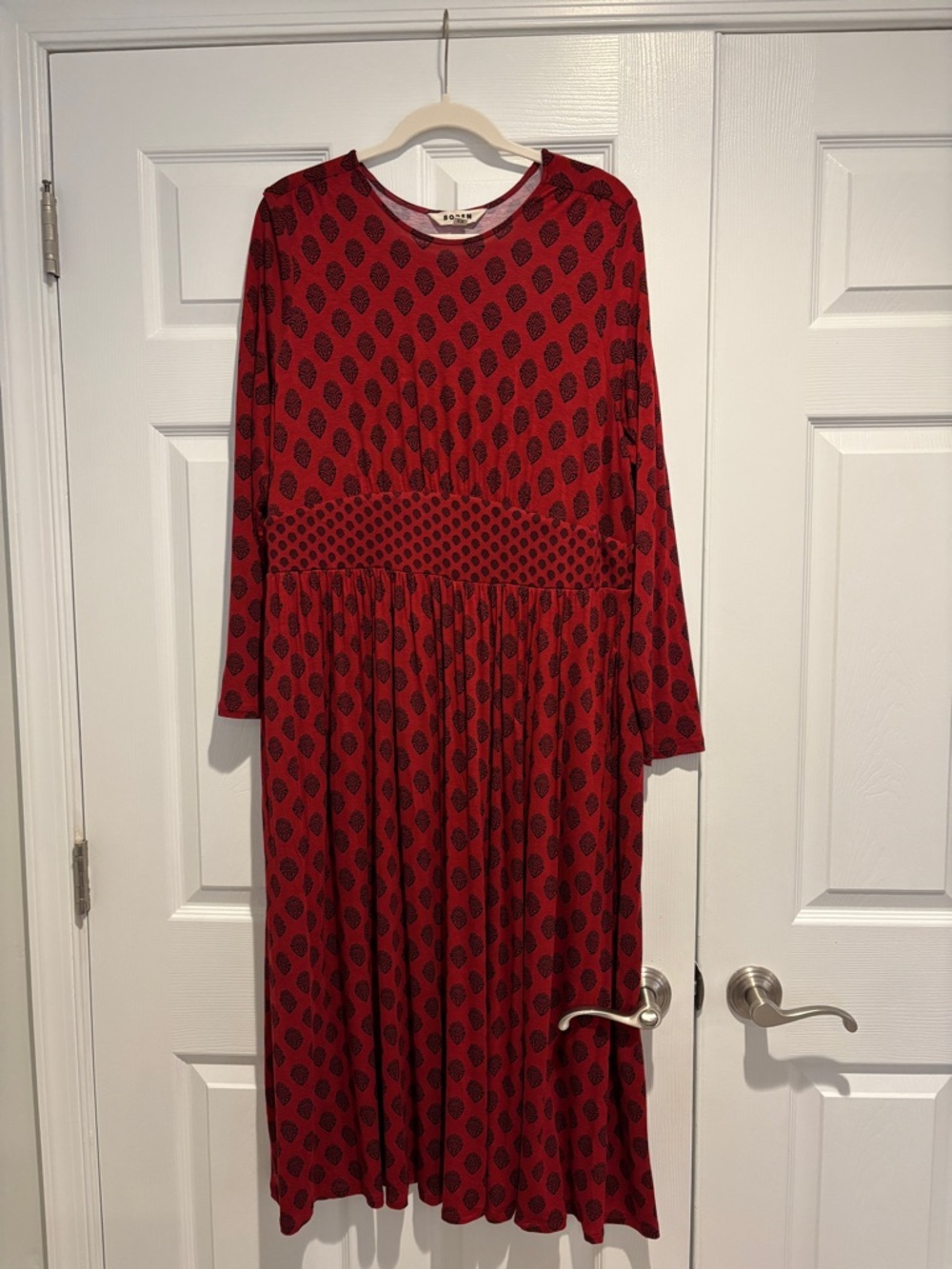 Boden Thea Red Midi Dress with Black Leaf Print